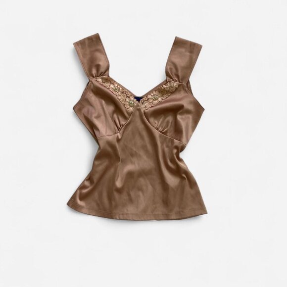Vintage Tan satin lace cami top with V-neckline and beading and underwire detail - Picture 3 of 5